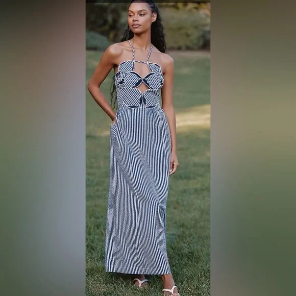 Hibiscus Cutwork Cotton Midi Dress - Blue Pattern xxs - Picture 2 of 7